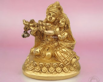 4" Inch Brass Radha Krishna Statue, Sitting Krishna Radha Idol, Radha Krisna Sculpture, Radha-Krishn Figurine,Hindu Divine Couple Idol, Gift