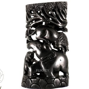 Elephant Lion Jungle Sculpture, Hand-Carved Black Karungali Ebony Wood, Tree of Life Art, Ethnic Home Decor Showpiece, Vastu Feng Shui Gifts