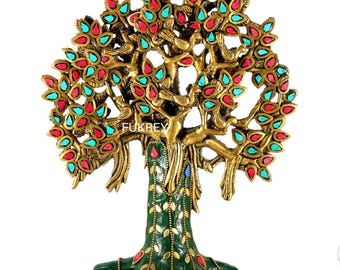10" Brass Tree of Life Showpiece With Inlay Stone Work, Kalpavriksha Tree With Roots Statue Vastu Decorative Home Decor Item Feng Shui Gifts