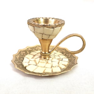 Brass Candle holder with Mother Of Pearl Work, 3&quot; Inch CandleHolder with Solid Brass, Alter Tools Candle Accessories, Brass Candle Holder