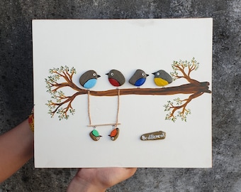 パーソナライズされた小石アート鳥、ロックアート、鳥の小石アート、新築祝いのギフト、カモメのギフト、ビーチウォールアート、結婚祝い、ユニークな壁装飾