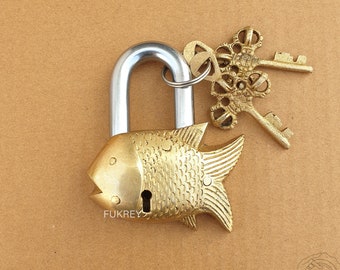 Brass Fish Design PadLock With Keys, HandCrafted Functional Unique Lock, Cute Size Fish Hardware Antique Locks, Home Decor, Brass Locks,Gift