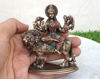 Kleines Durga Idol auf Löwe sitzend, 3,5 "Zoll-Göttin Maa Durga Statue mit Löwe für Puja, Ambe Ma Devi, Mata Rani ki Murty, Sherawali Mata