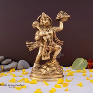 Lord Hanuman Idol, Brass 8.5" Inches Hanuman Staue, Sanjivani Mountain Bajrangbali Murti,Monkey god,Ram bhakt,god of Strength,Bhakti,Victory