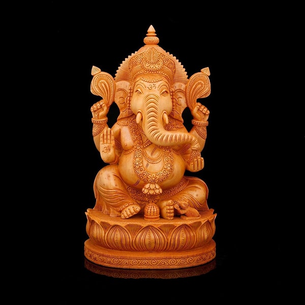 Wooden Ganesha Statue, 9" Inch Vinayaka Ganapati Vigneshwara Sculpture Figurine Puja Pooja Idol Murti Hindu God Home Decor Housewarming Gift