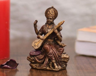 Saraswati Statue, 3" Inch Small Bonded Bronze Goddess Sarasvati Idol, Saraswathi Murti Veena, Hindu Goddess of Knowledge, Music, Art, Nature