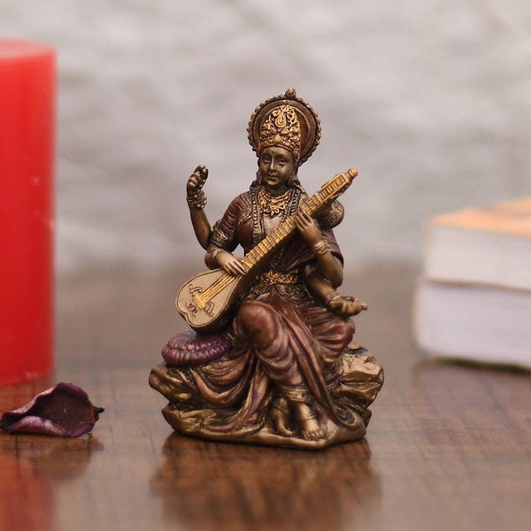 Saraswati Statue, 3" Inch Small Bonded Bronze Goddess Sarasvati Idol, Saraswathi Murti Veena, Hindu Goddess of Knowledge, Music, Art, Nature