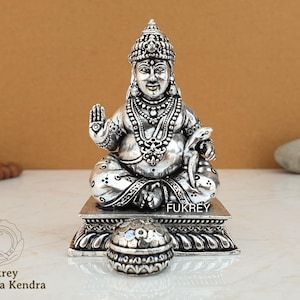 5&quot; Kuber Statue Sitting Idol Sculpture,Kuvera Statue Brass Silver Dik-Pala Statue, Kubera Shakti Idol God of Money Hindu God of Wealth Gifts