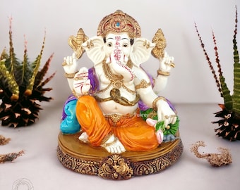 Ganesh Statue, 8" Inch HandPainted Cultured Marble Lord Ganesha Statue, Ganpati Idol, Vinayaka, Hindu God Good Luck Gift for New Beginnings