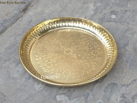Brass Thali Plate, Handcrafted Floral Design 100% Pure Brass Plate, 12" Pital Thali for Dinner Serving Pooja, Bhog Thali Bhog Thal Puja Item