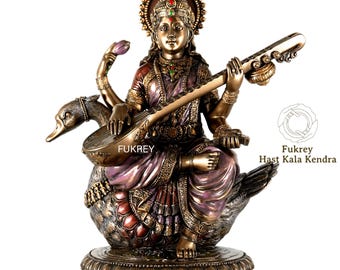 女神サラスワティ像：接着されたブロンズ製白鳥の女神像（21 cm