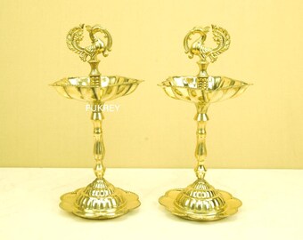 Brass Diya Stand Set of 2, Oil Lamp Dia Peacock Design Temple Lamp Diya Stand Pair Annam Bird Home Mandir Diya Set Indian Deepak Lamps Decor