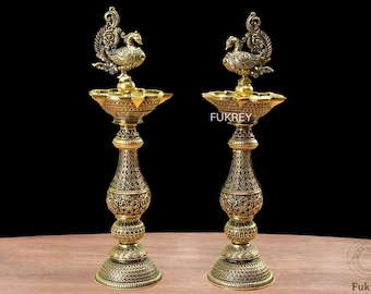 8" superfijne koperen diyastandaard paar Kuthu Vilakku fijn handgesneden kleine annapakshi messing olielampen lange koperen diyastandaard Zuid-Indiase diya's