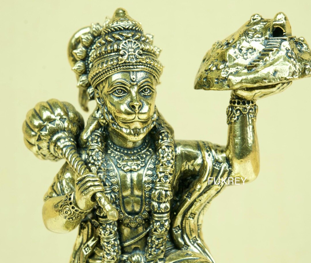 6" Brass Lord Hanuman Sanjivani Mountain Statue, Anjaneya Hanuman Murti ...
