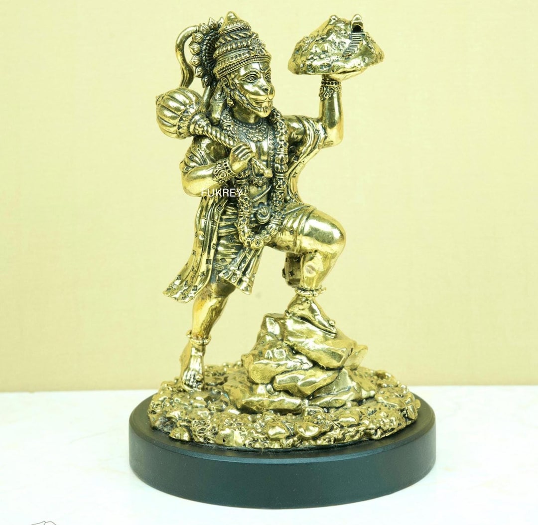 7" Brass Superfine Lord Hanuman Carrying Sanjivani Mountain, Hanuman ...