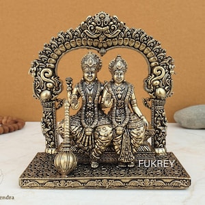 5&quot; Vishnu Lakshmi Statue Brass Superfine Lord Narayana with Goddess Laxmi Brass Idol, Sitting Lakshmi Narayana Swami, Laxminarayan Murti