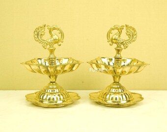 Brass Diya Set of 2 | Traditional Oil Lamp for Diwali & Festive Décor Indian Pooja Diya | Handmade Brass Deepak 5 Wick Oil Deepam, Gifts