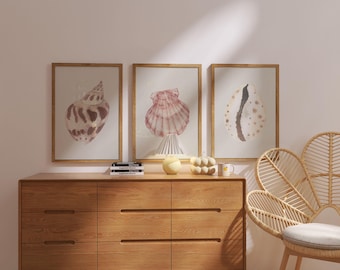 Set of 3 Seashell Prints | Watercolor Beach Wall Art, Coastal Decor, Nautical Digital Download