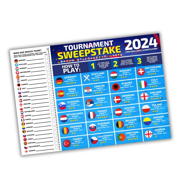 Printed Sweepstake Kit For Euro 2024 - Ideal For Friends & Work Colleagues - Option For Wallchart