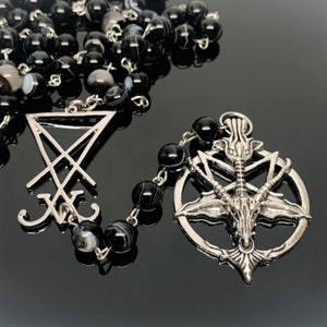 Black Natural Striped Agate Bead Satanic Rosary with Silver Toned Baphomet Pentagram and Lucifer Sigil - Satanic Prayer Beads