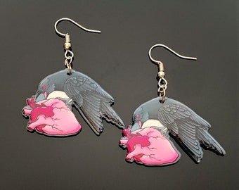 Pink Horror Goth Raven and Heart Earrings