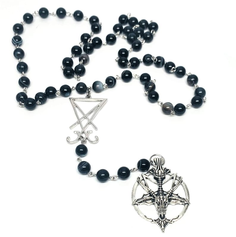 Black Natural Striped Agate Bead Satanic Rosary with Silver Toned Baphomet Pentagram and Lucifer Sigil Satanic Prayer Beads image 2