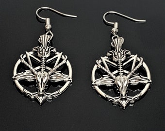 Silver Satanic Gothic Baphomet Pentagram Earrings