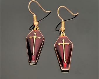 Red and Gold Enamel Coffin Earrings Halloween Horror Earrings