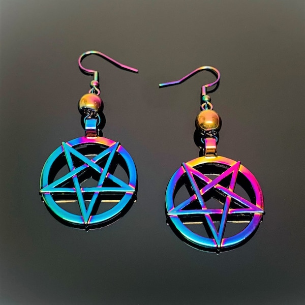 Titanium Rainbow Inverted Pentagram Satanic Earrings