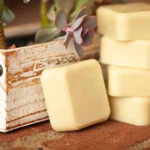May include: A stack of four square-shaped, off-white soap bars in a rustic wooden box with a succulent plant.