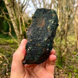 Natural Drusy Coated Dolomite & Malachite on a Ferro Hematite Matrix Black and Green Crystal Specimen Rare