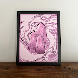 Pink Rose Quartz Crystal Poster Psychedelic Crystal Art Witchy Home Décor Framed Poster For Crystal Collectors Pink Crystal Print