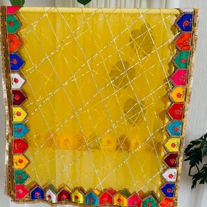 Beautiful Pakistani, Indian kiran lace Mehandi Dupatta with mix colours embroidered patch work on net Yellow