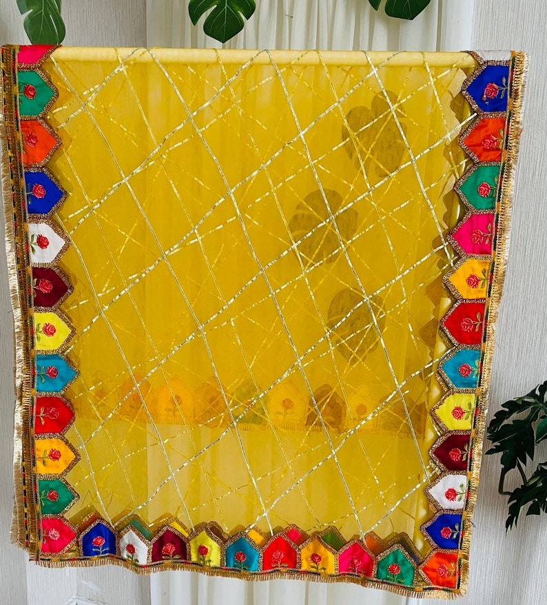 Beautiful Pakistani, Indian kiran lace Mehandi Dupatta with mix colours embroidered patch work on net Yellow