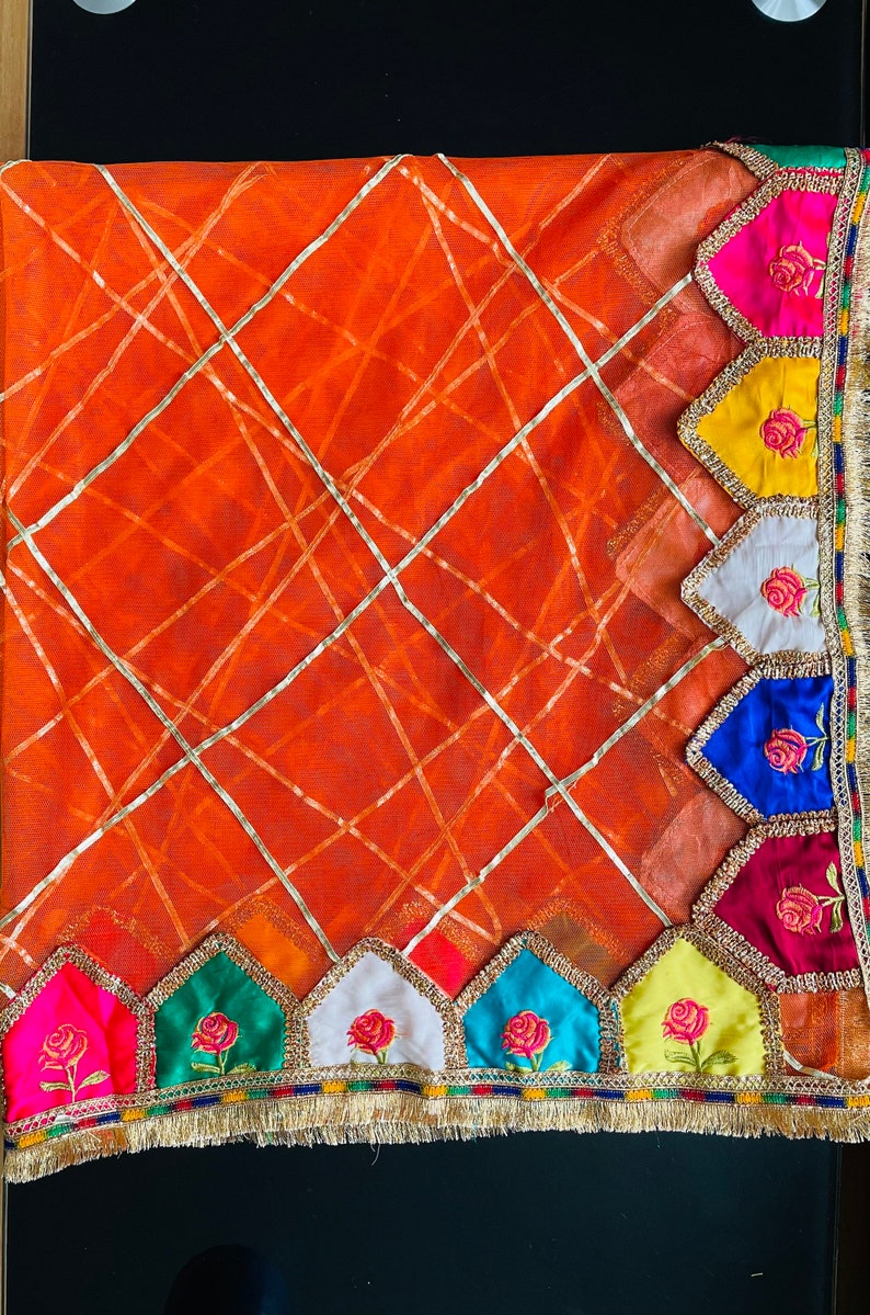 Beautiful Pakistani, Indian kiran lace Mehandi Dupatta with mix colours embroidered patch work on net Orange