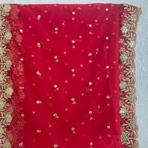 Beautiful Gold Embroidery Net Dupata with sequins & kiran lace all over.