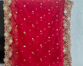 Beautiful Gold Embroidery Net Dupata with sequins & kiran lace all over.