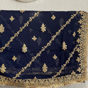 Beautiful embroidered chiffone dupatta with kiran lace allover. Elegant sequins and golden work. Perfect for Mehandi and other functions!