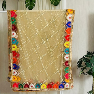 Beautiful Pakistani, Indian kiran lace Mehandi Dupatta with mix colours embroidered patch work on net Golden/Cream