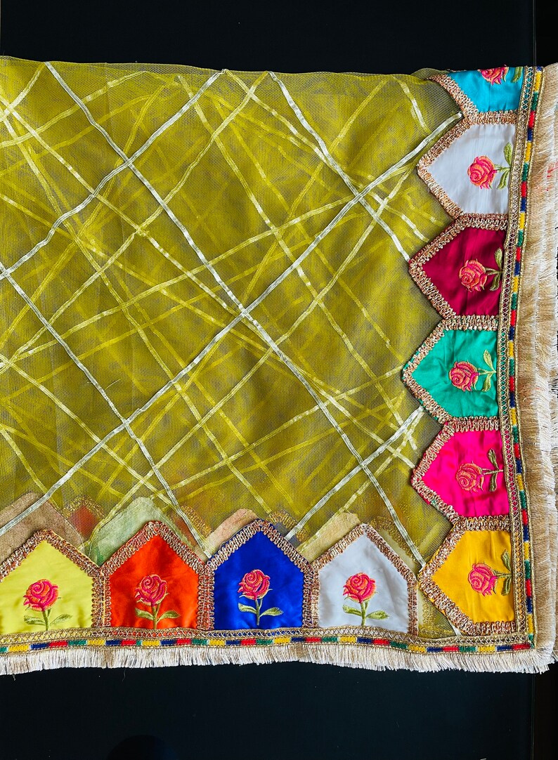 Beautiful Pakistani, Indian kiran lace Mehandi Dupatta with mix colours embroidered patch work on net Green