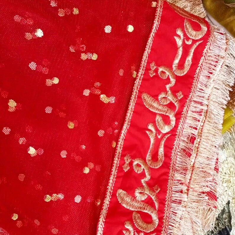 May include: Red sheer fabric with gold sequins and a red border with gold embroidery. The embroidery features a repeating pattern of a stylized flower.