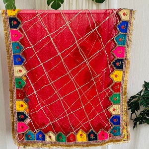 Beautiful Pakistani, Indian kiran lace Mehandi Dupatta with mix colours embroidered patch work on net Red