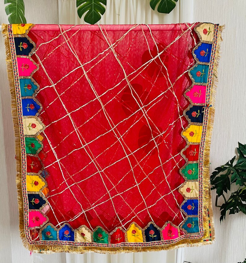 Beautiful Pakistani, Indian kiran lace Mehandi Dupatta with mix colours embroidered patch work on net Red