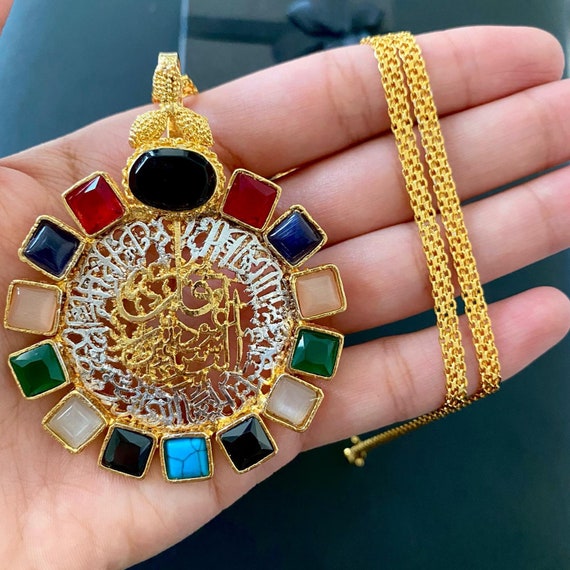 Beautiful Gold Plated Arabic pendant with multy stones