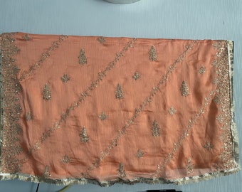 Beautiful embroidered pure China  silk dupatta with kiran lace allover. Elegant sequins and golden tilla work.