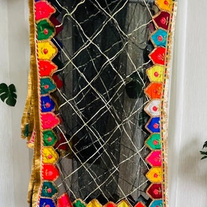 Beautiful Pakistani, Indian kiran lace Mehandi Dupatta with mix colours embroidered patch work on net Black