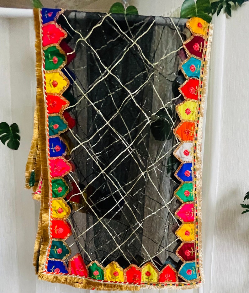 Beautiful Pakistani, Indian kiran lace Mehandi Dupatta with mix colours embroidered patch work on net Black