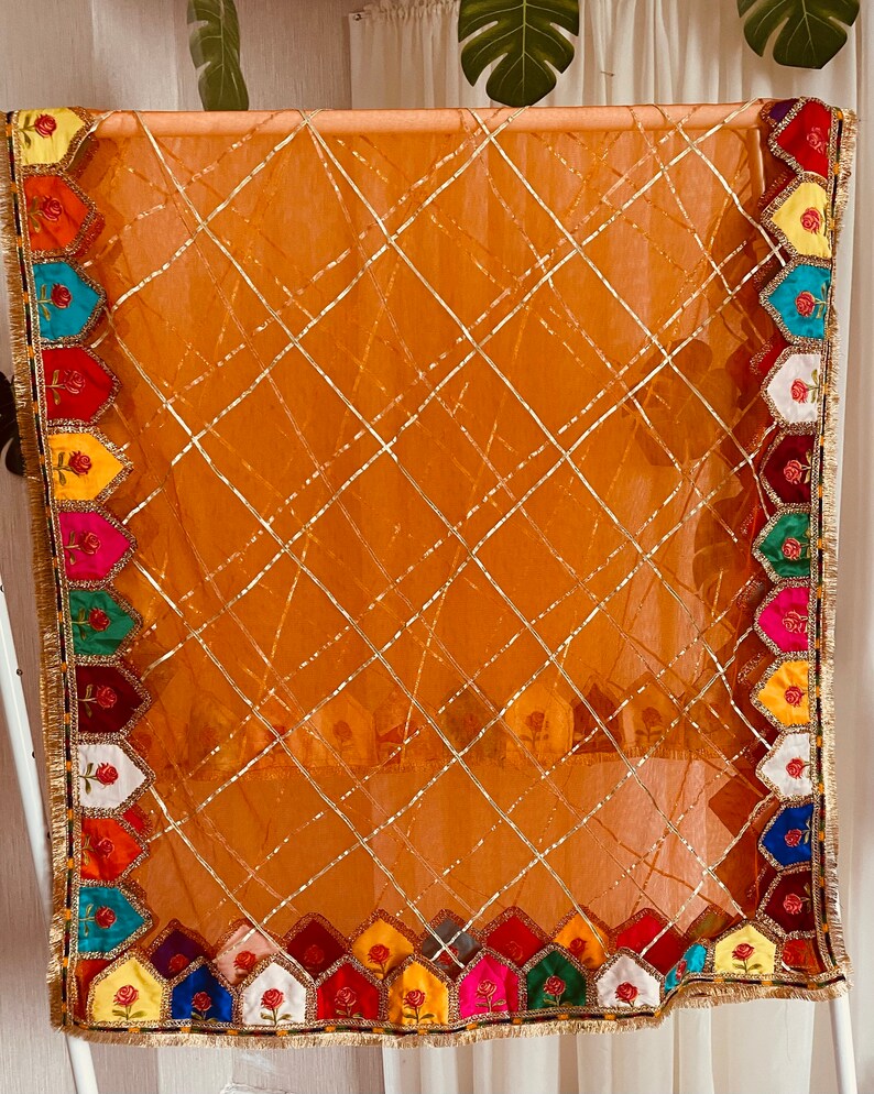 Beautiful Pakistani, Indian kiran lace Mehandi Dupatta with mix colours embroidered patch work on net image 9