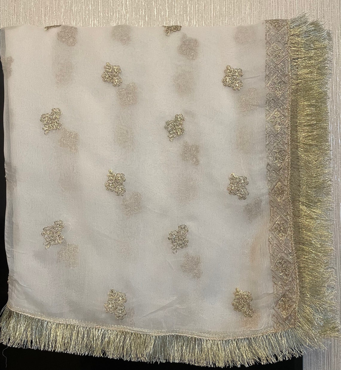 White Dupatta with Golden Lace