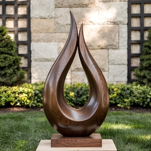 Teardrop Flame Wood Sculpture | Handcrafted Modern Abstract Art | Organic Freestanding Wooden Decor for Home or Garden